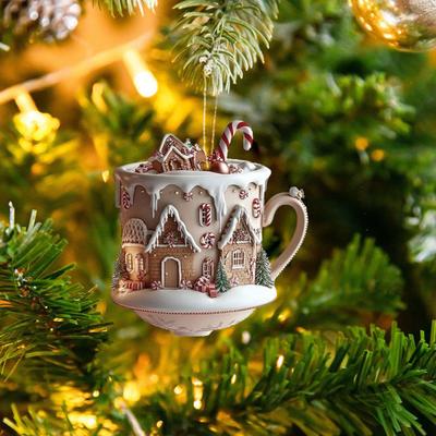 2 Pcs Coffee Cup Christmas Tree Ornaments 2D Acrylic Winter Village Snow House Hot Chocolate Mug Shape Xmas Hanging Pendents for Holiday Decor