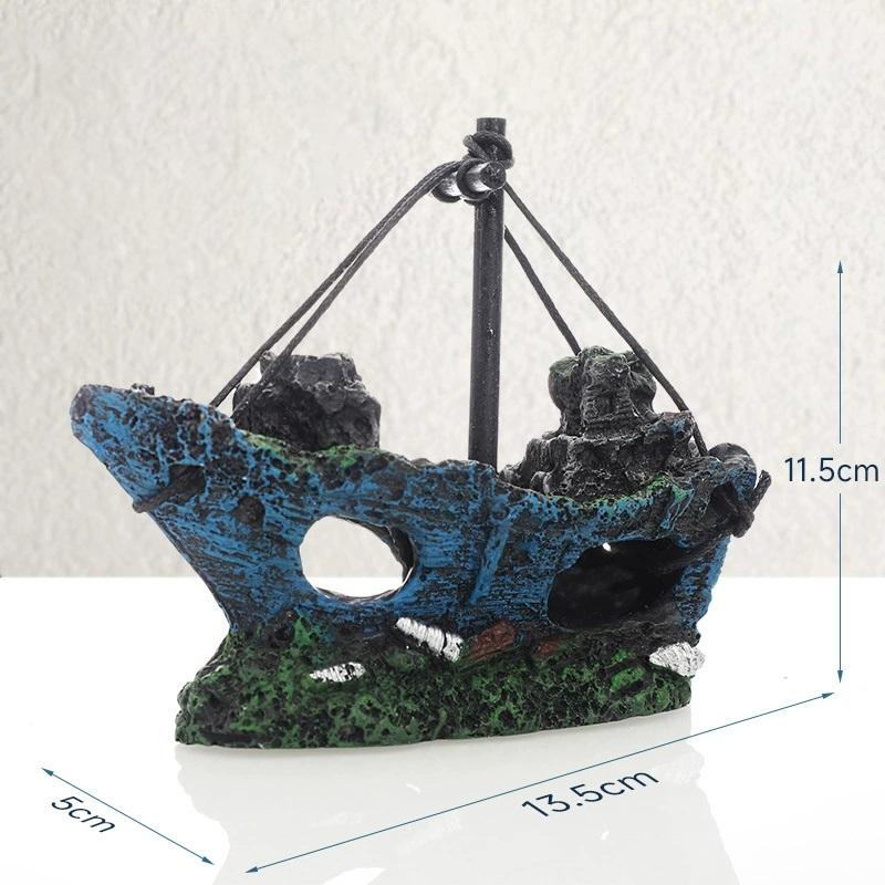 Fishing Boat Wreckag Retro Aquarium Fish Tank Landscape Wreck Ship Decoration Hollow Cave Mini Resin Boat Ornament Accessories