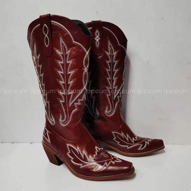 Fashion IPPEUM Red Western Cowboy Boots For Women Embroidered Pointed Toe Shoes Free Shipping Knee High Wide Calf Cowgirl Boots