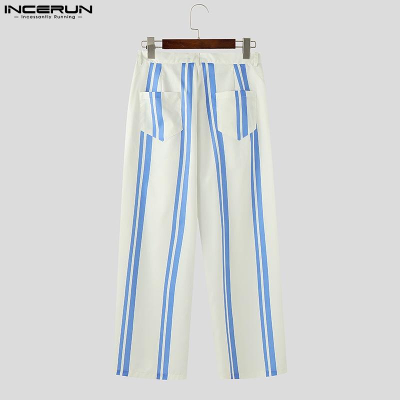 INCERUN Men Zipper Waist Striped Print Casual Loose Long Wide Legs Pants Trousers
