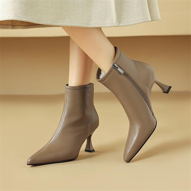 Mode Nieuwe Winter Echt Leer Dames Laarzen Schoenen voor Vrouwen Korte Laarzen Puntige Neus Dames Schoenen Botines Mujer Hoge Hakken Enkellaars