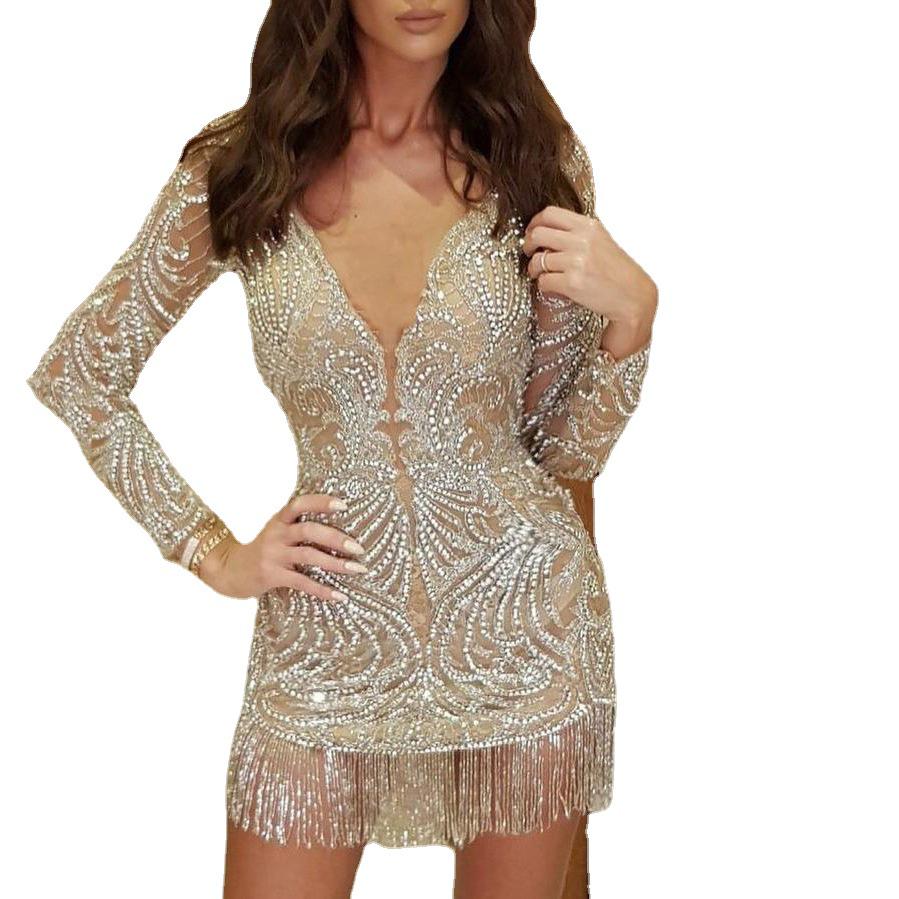 Rochie Midi Commuter de primăvară 2025, europeană și americană, cu ciucuri de paiete aurii