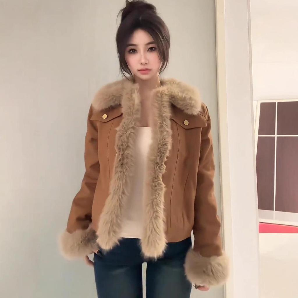 Women's Fashionable One-Piece Leather & Fur Lambswool Coat - Thickened 2024 Autumn/Winter High-End Plush Jacket