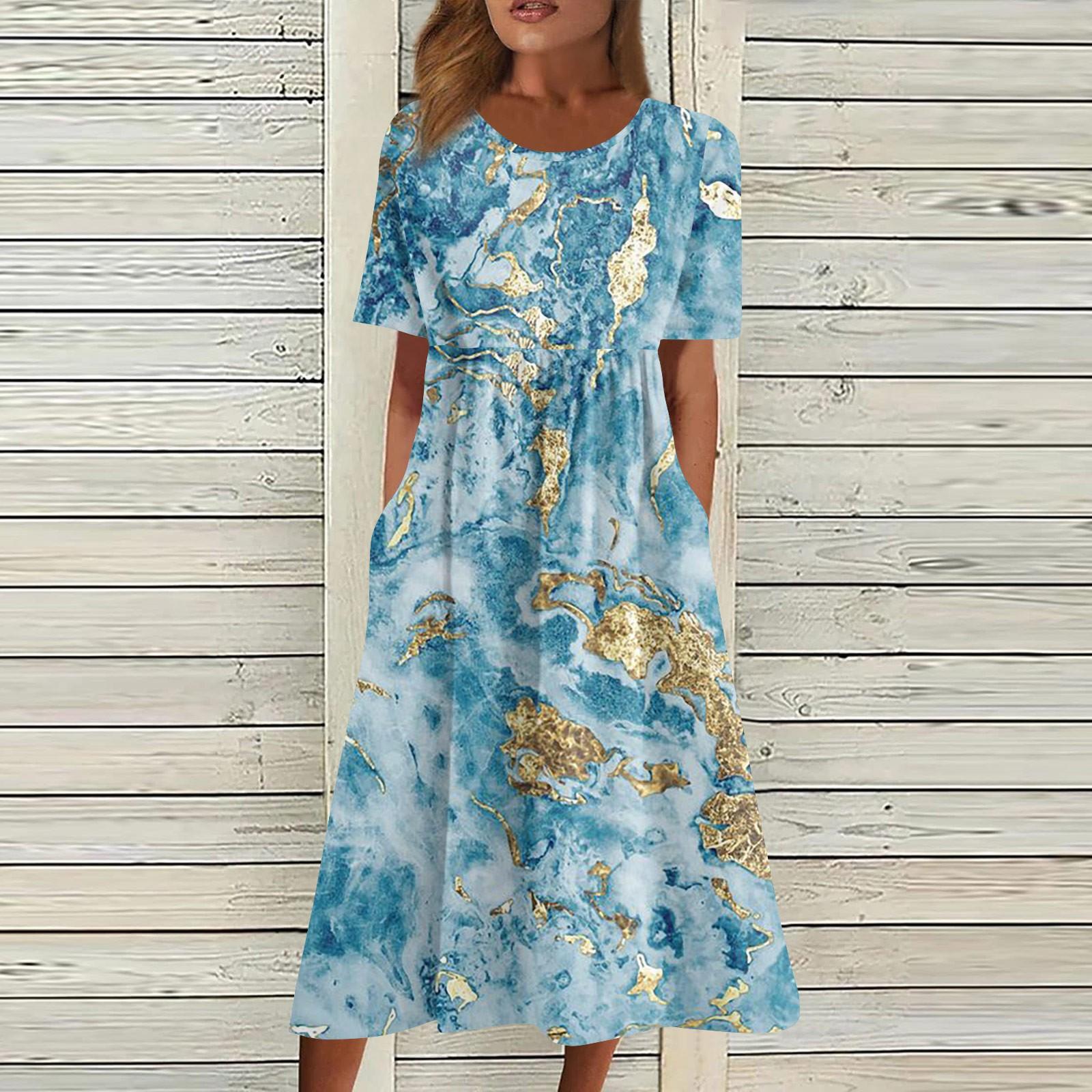 

Жен. Повседневные платья Платья с принтами Летние платья С принтами Плиссированные платья-миди с круглым вырезом Классический Классический На открытом воздухе Повседневные С короткими рукавами Свободные платья XL небесно-голубой