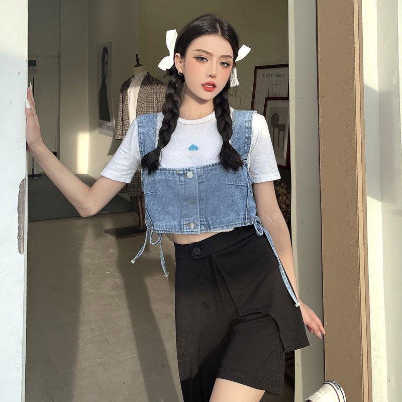 Stylish Elegance Fashion Female Casual Vest Short Denim Small Camisole Female Straps Design Sense Outside Wear Undershirt Stacking Tops Female