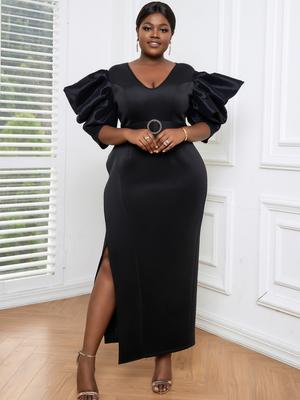 Long Party Black Dresses for Women Short Ruffle Sleeves Pleated Bodycon High Waist Slit Evening Occasion Gowns Summer Night Date Out