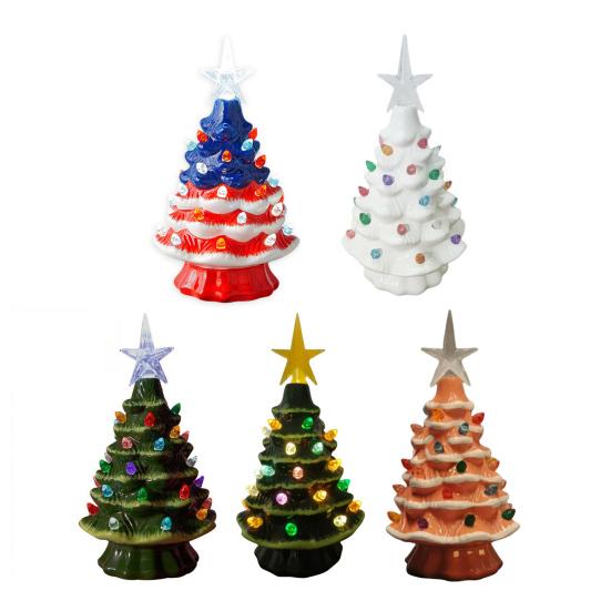 Yousheng 7 Inch Tabletop Christmas Tree LED Light Up Mini Resin Christmas Tree Figurine with Star Tree Topper for Holiday Party Home Decor
