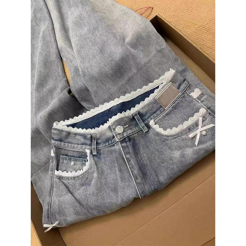 Retro Lace Lace Design Jeans for Women with High Waist and Slimness, Loose Straight Wide-leg Trousers