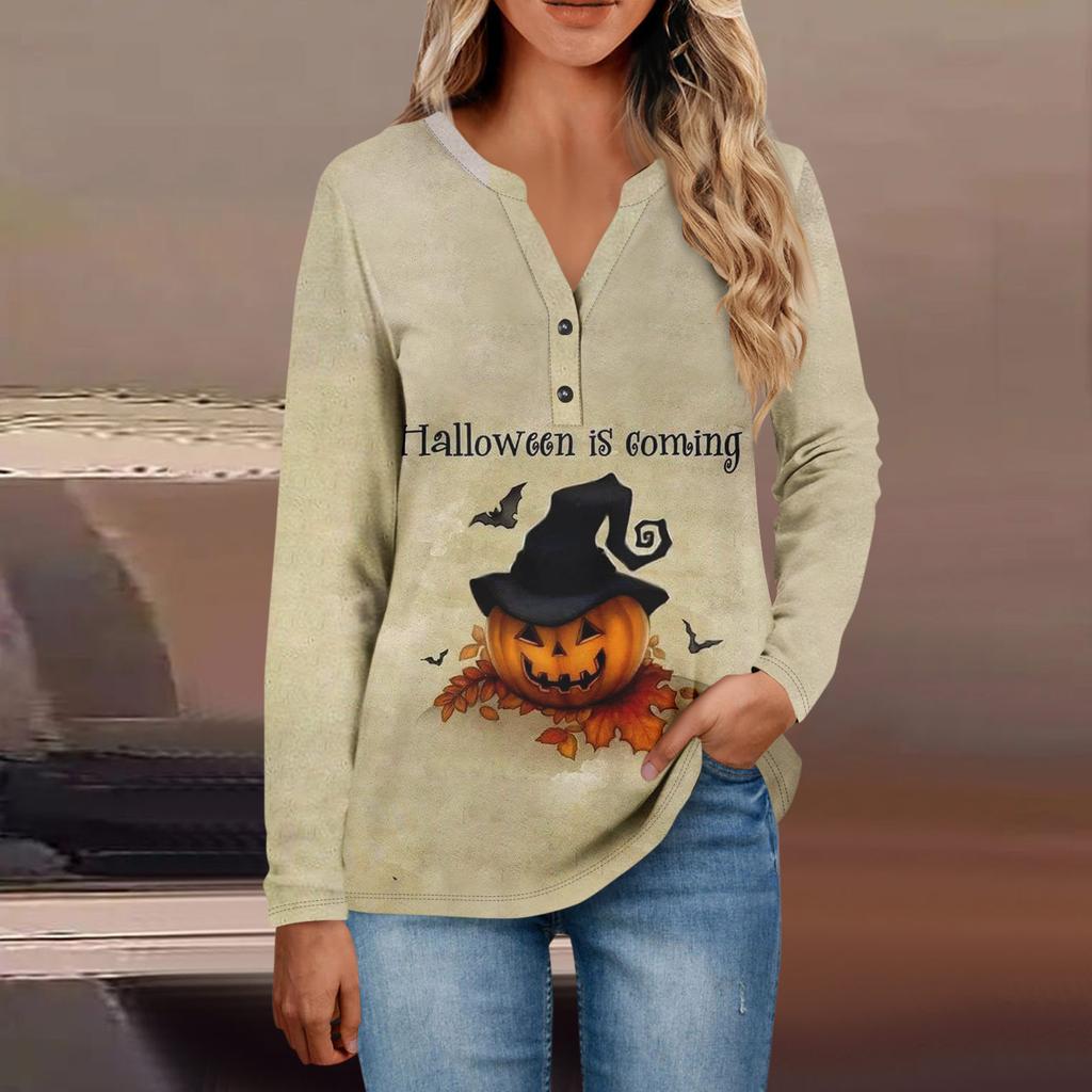 Damen-Oberteile mit Knopfleiste, lässige Oberteile für jeden Tag, langärmelig, V-Ausschnitt, modisches Print-Shirt, Tops, T-Shirt mit Tasche, Sweatshirts