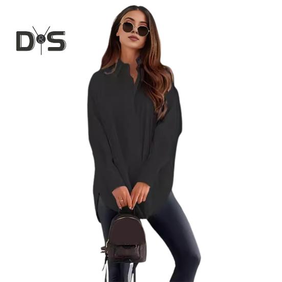 

Женская повседневная рубашка с лацканами, длинный рукав, однобортная рубашка, однотонная, свободная, для поездок на работу, офисная женская рубашка S чёрный