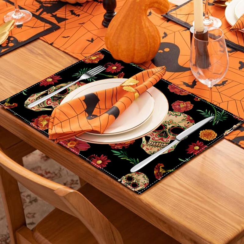 Halloween Table Placemats Chrysanthemum Skull Kitchen Table Mats Seasonal Table Mats 4pcs Kitchen Halloween Decoration Table