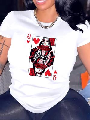 Codzienny damski T-shirt z krótkim rękawem i odważnym nadrukiem Królowej Pik z Asami Czarny Czerwony As Karty Des