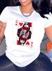 Casual Short Sleeve Women's T-Shirt with Bold Queen Hearts Graphic Print Black Red Ace Card Des