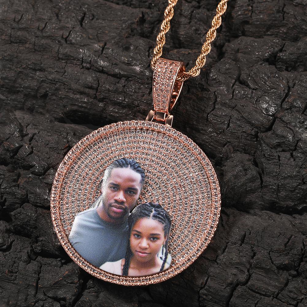 THE BLING KING Iced Out Round Medallion Custom Memory Photo Pendant Necklace Paved CZ Engrave Back Men Women Hiphop Jewelry