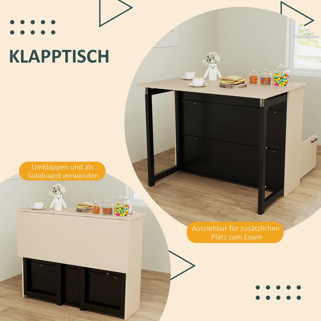 Set da Bar a 3 Pezzi, Tavolo da Bar con Piano Pieghevole, 2 Sgabelli da Bar, 6 Scomparti portaoggetti, Nero+Quercia, 116 x 70 x 89,5 cm