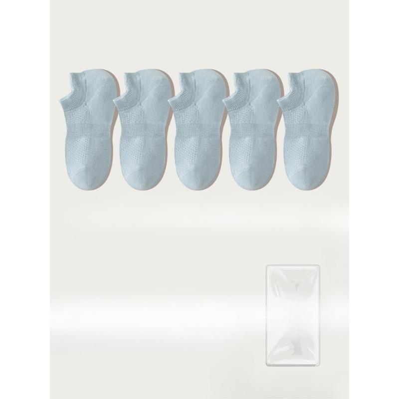 5 Pairs of Women's Summer Thin Style Versatile Solid Color Mesh Breathable 7A Antibacterial Deodorant Boat Socks