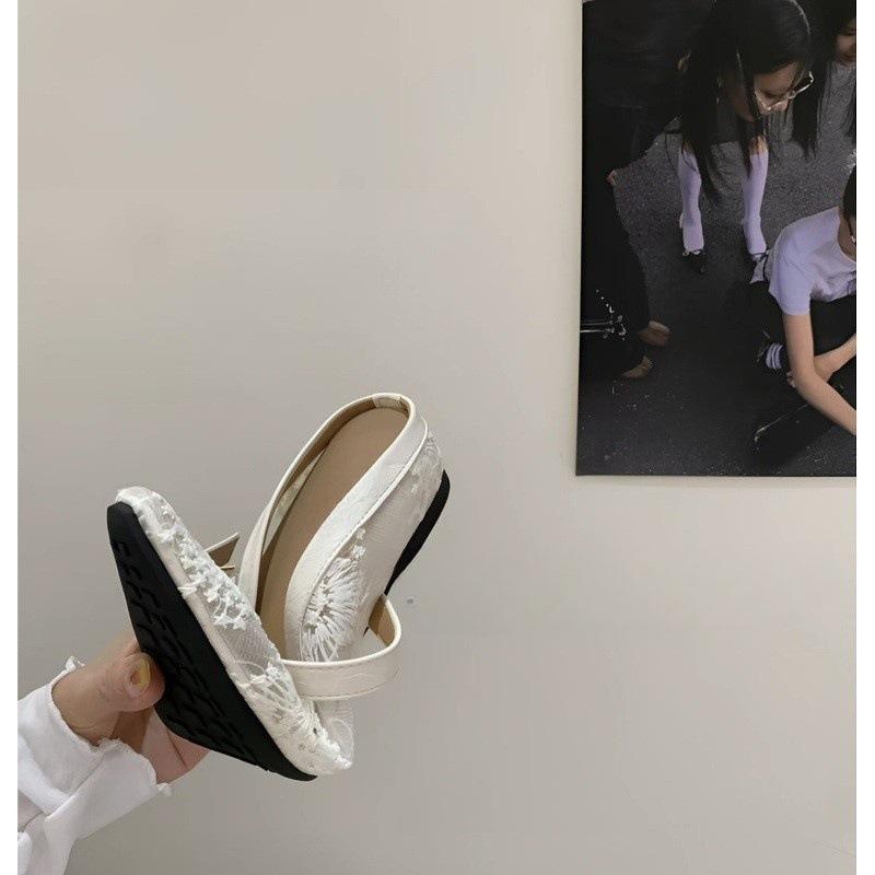 New Mesh Lace Bag Head Half Slippers Women Summer Wear Half Single Shoes Cool Slippers