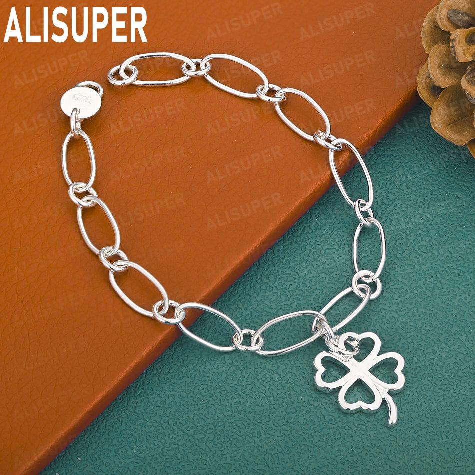 925 Sterling Silver Simple Four-Leaf Clover Side Chain Beautiful Bracelet Gift Jewelry 20CM