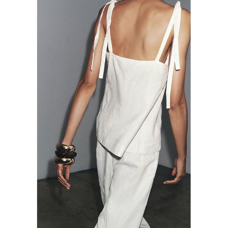 Linen Blend Embroider Sleeveless Sling Tops 2678046 Embroider Wide Leg Casual Trousers 2678045