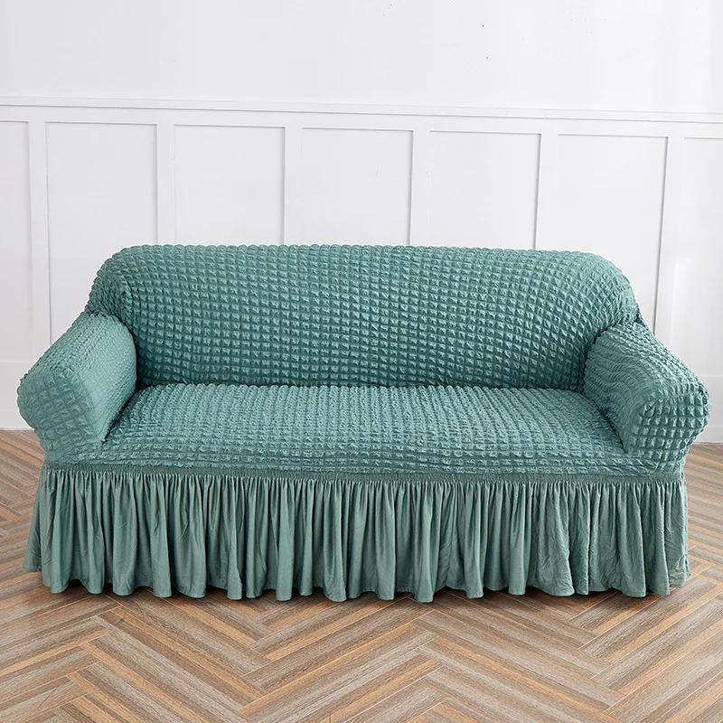 Bubble Gauze Sofa Cover with Skirt Hem All Inclusive Elastic Dust Cover for Living Room Anti Slip Furniture Protection Slipcover