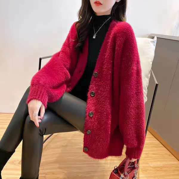 Korean-Style Loose Lazy-Style V-Neck Knit Cardigan: Women's Spring Autumn Winter Mink Velvet Sweater Coat