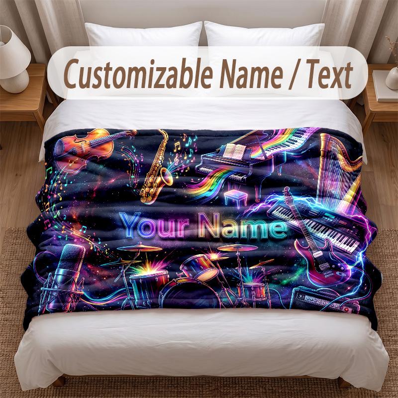 Music General Theme Soft Blanket Personalized Custom Name Text Print Warm Blanket Home Sofa Bedroom Decor