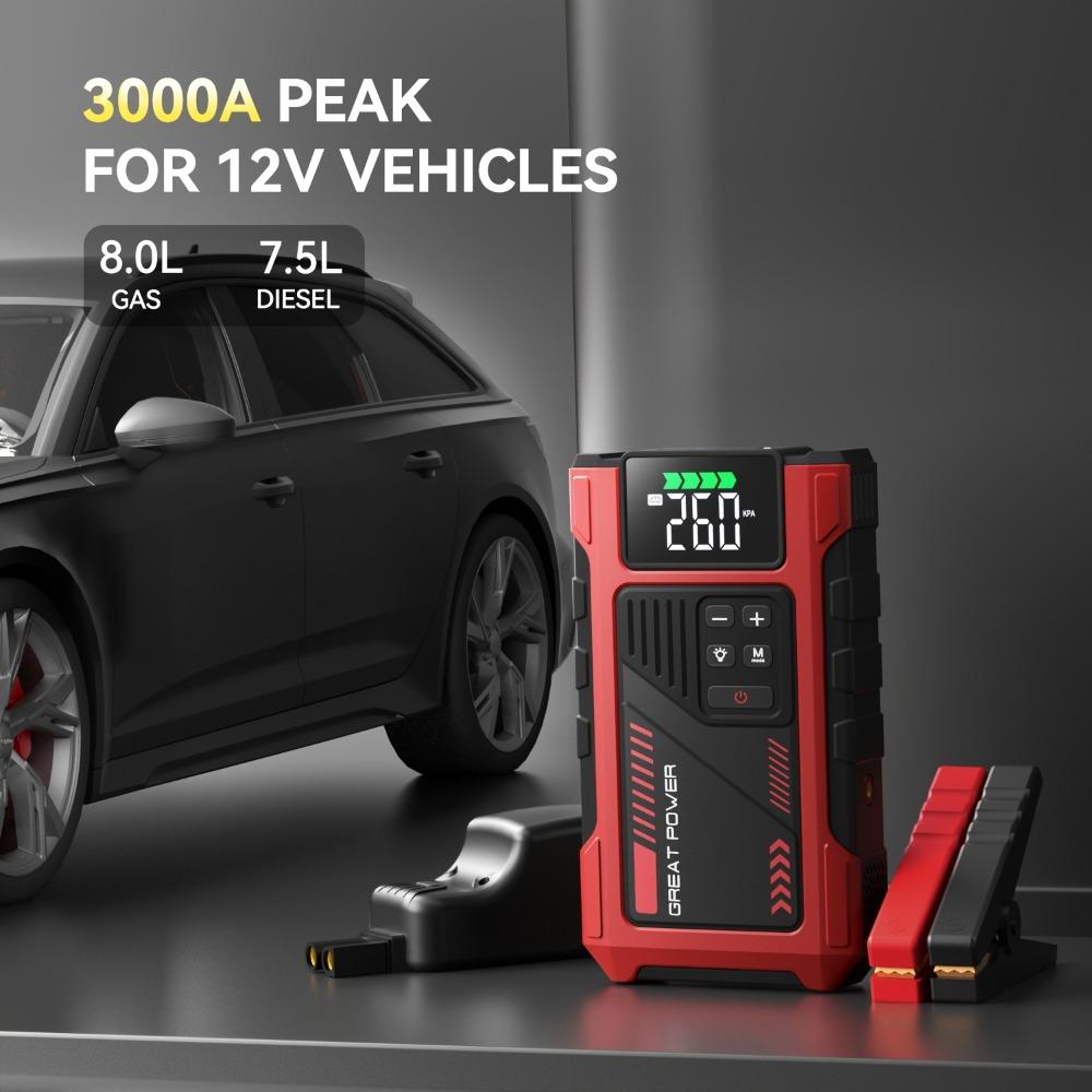 Portable Car Air Compressor and Emergency Starter with LED Emergency Light, 3000A Peak Power, 12V for Petrol/Diesel Vehicles, USB Input/Output