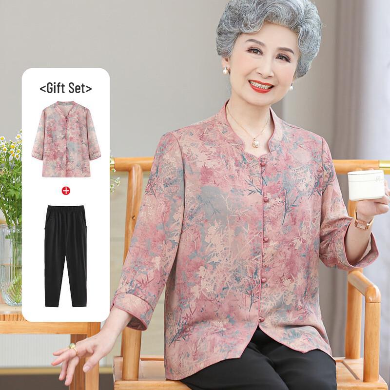 Datang Furen Elderly Women's Summer Stand Collar Blouse Set