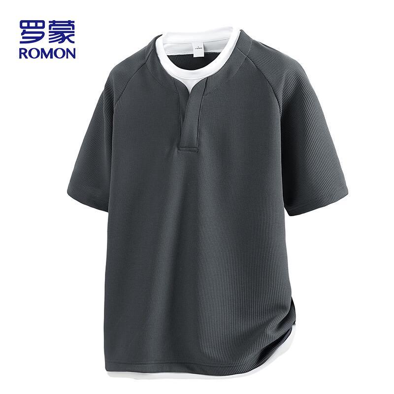 Romon Men s Summer Waffle Faux Two-Piece Short Sleeve T-Shirt 3XL