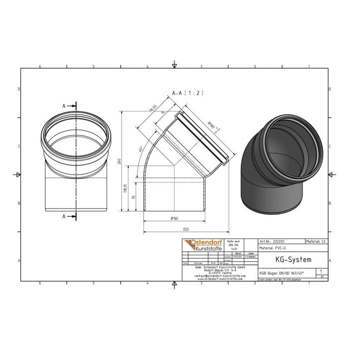 PVC Sewer Elbow DN 160, 45 Degrees - Boni-Shop