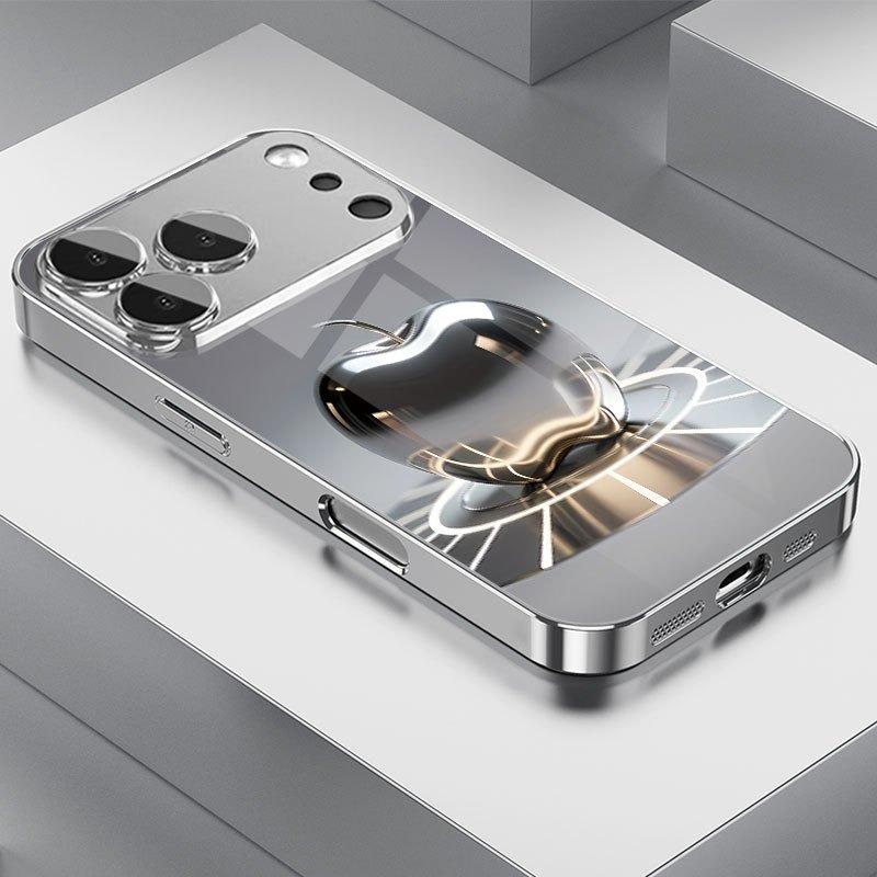 Metallic Gloss Silver For Apple Pattern Glass Phone Case For iPhone 11 12 13 14 15 16 17 18 Pro Max Plus Air Electroplate Cover