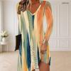 Women Plus Size V Neck Long Sleeve Blue Black Printed Curved Hem Dress