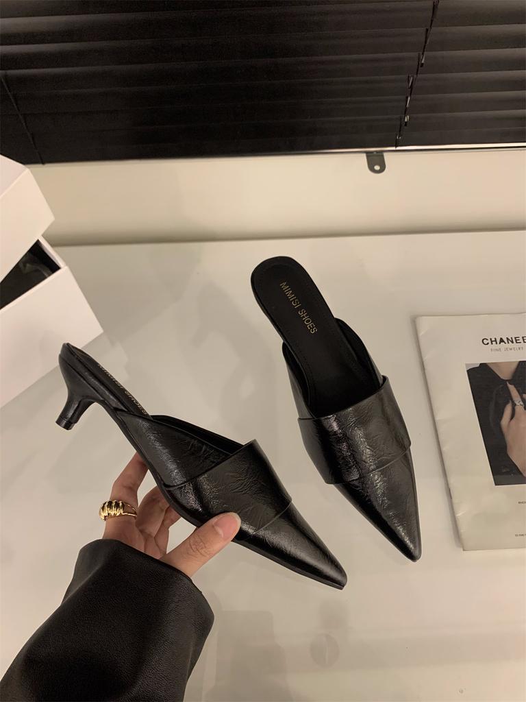 French bag head half slippers women's shoes wear 2025 new autumn skirt temperament pointed high heels single shoes