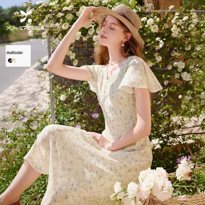 Women s French Style Floral V-Neck Maxi Dress M