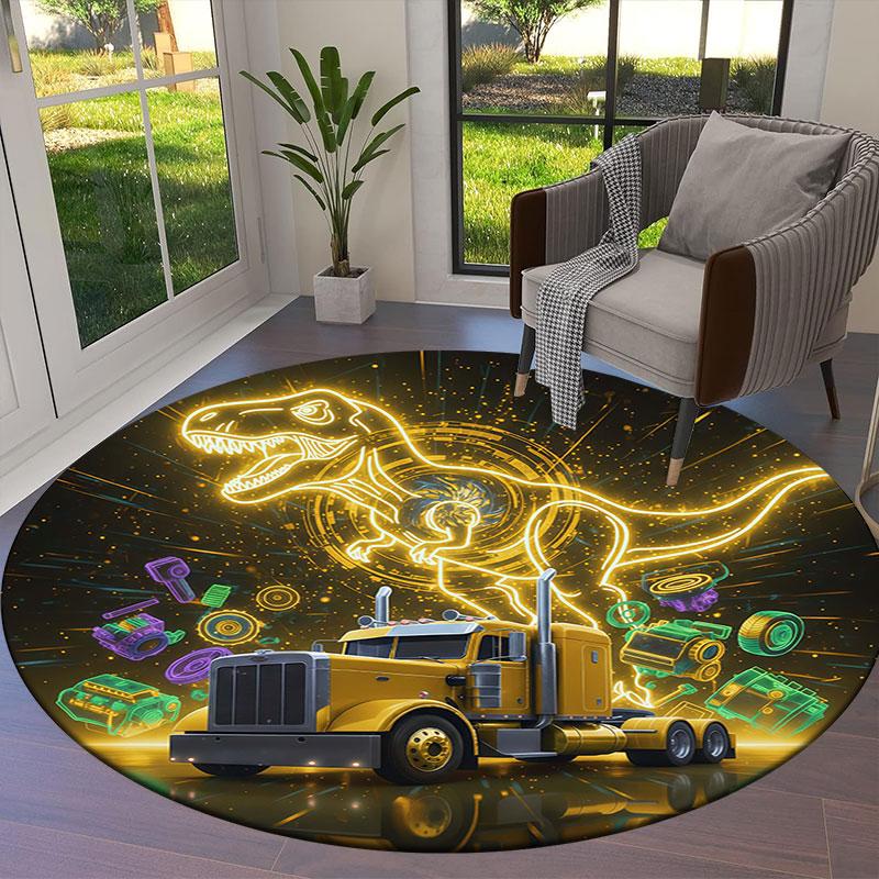 Neon Truck Round Area Rug,Carpet Rug for Living Room Bedroom Sofa Playroom Decor,Non-slip Floor Mat