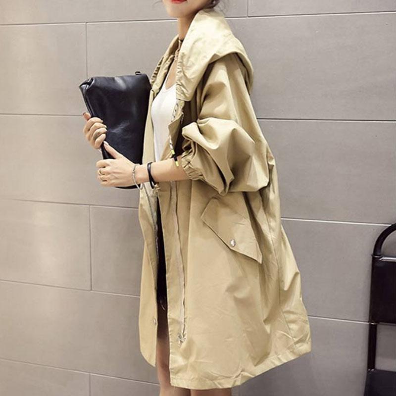 Large Size Women Jacket Spring Hooded Coat Solid Color Casual Loose Windbreaker Boutique Parka Mid-length