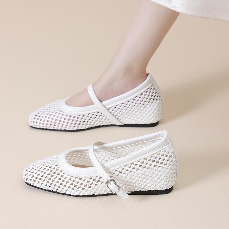 French Flat Bottom Inner Height Increase Mary Jane Shoes Women's Summer 2025 New One-word Belt Hollow Woven Single Shoes