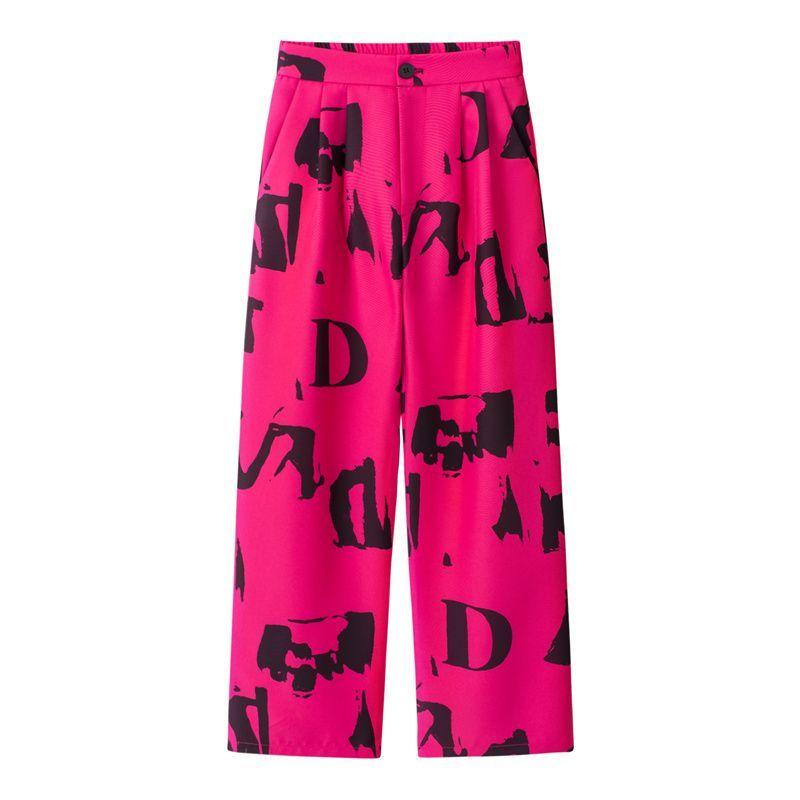 Women Floral Printed High Waist Loose Straight Wide Leg Suit Pants Versatile Casual Trousers M