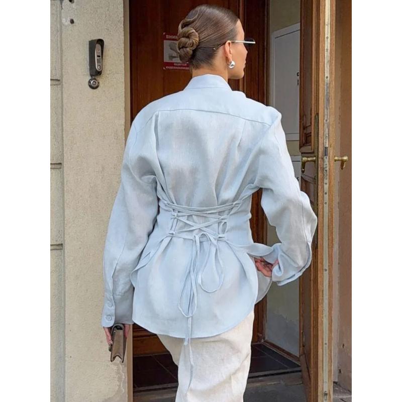 Spring And Summer Lace-Up Waist-Cinching Ribbon Blouse For Women Elegant Tie Neck Linen Button Up Tops