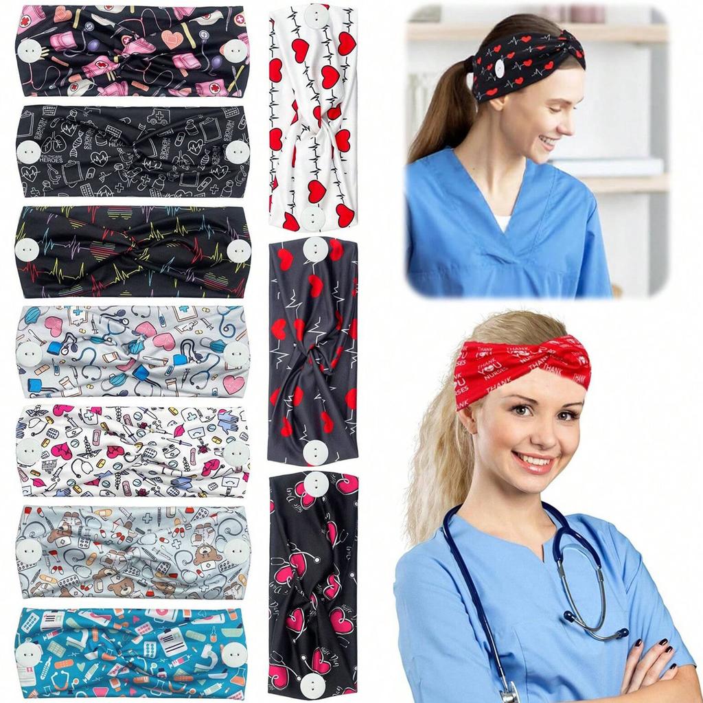Women Nurse Headbands with Button Wide Headbands for Mask Non Slip Elastic Ear Protection Gift for Doctors Sweatband Hairband