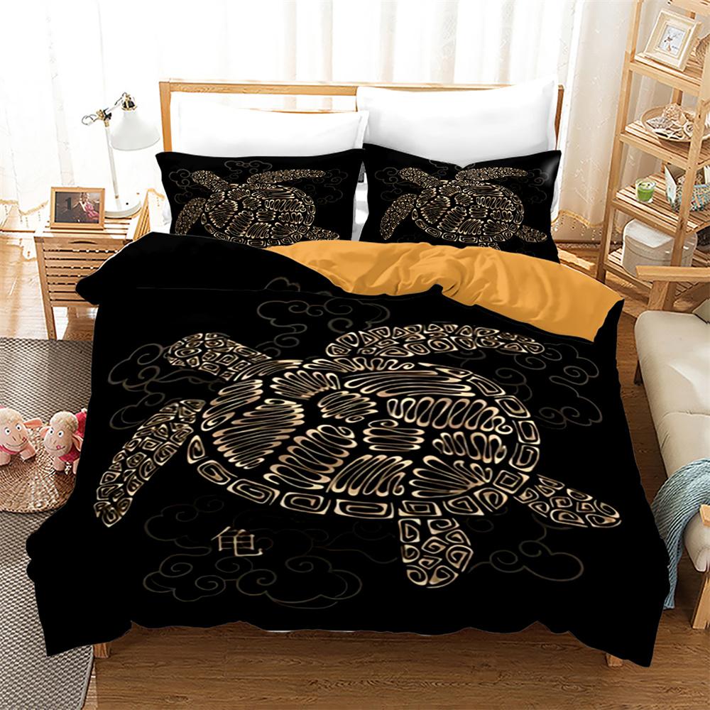 Sea Turtle Duvet Cover Set Black Gold Tortoise Reptile Bedding Set King Twin Size Polyester Comforter Cover for Kids Boys Girls