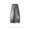Pantalones Vaqueros Anchos de Algodón Lavado al Agua con Estampado de Leopardo Retro Unisex de Doble Cintura Corte Recto Tiro Medio
