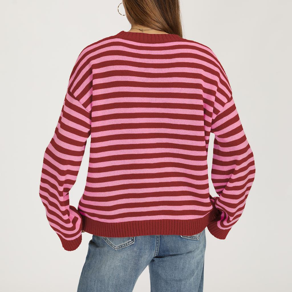 Women's Casual Striped Round Neck Long Sleeve Pullover Sweater for Everyday Wear
