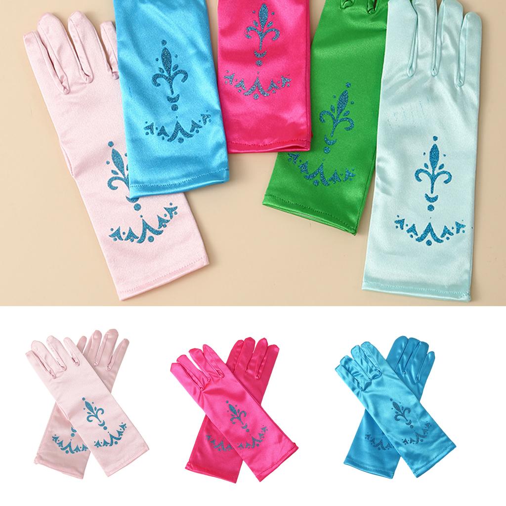 Girls Ice Princess Long Satin Gloves Sequins Print Snow Queen Dress Up Gloves Solid Color Kids Cosplay Performance Glove