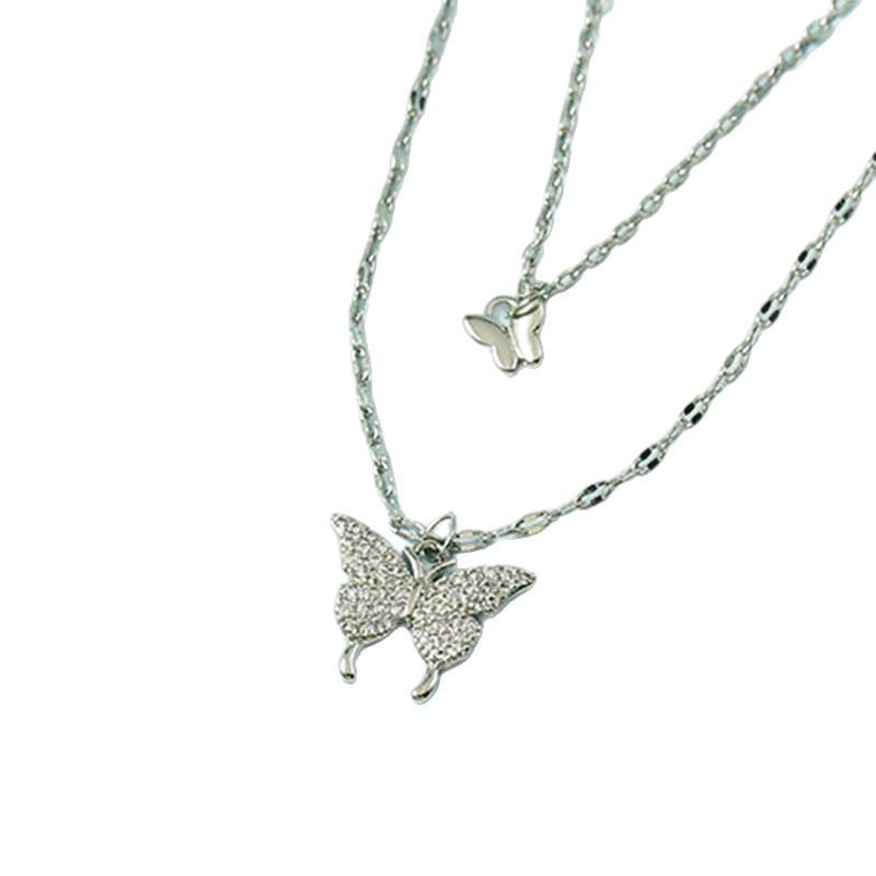 Korean Rhinestone Butterfly Double Layer Necklace - Versatile Cool Aesthetic Clavicle Chain for Women
