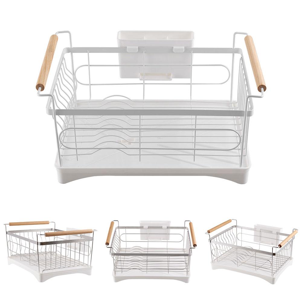 304 Stainless Steel Dish Rack with Swivel Spout & Wooden Handle, Space-Saving Rack for Drying Plates, Cups & Utensils