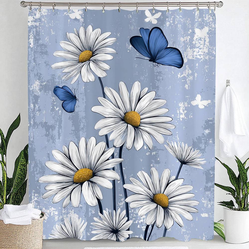 Watercolor Botanical Floral Leaf Shower Curtain, Floral Bathroom Decorative Shower Curtain, Print Fabric Home Curtain with Hooks