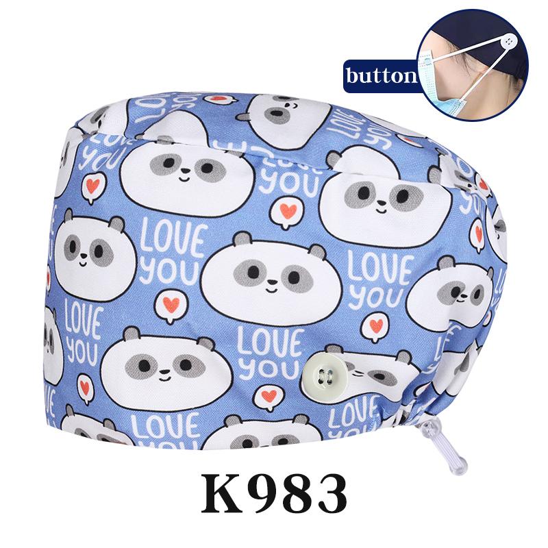 Cartoon Printed Nursing Caps Men Women Medical Hats Adjustable Long Hair Pet Dental Clinic Doctors Scrub Hat
