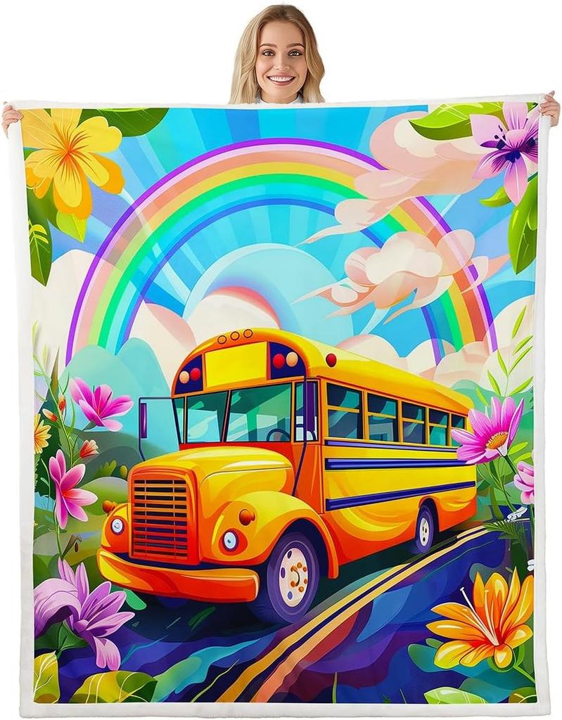 School Bus Blanket Yellow Bus Pattern Fleece Throw Kids Room Decor Back to School Theme Cozy Bed Cover