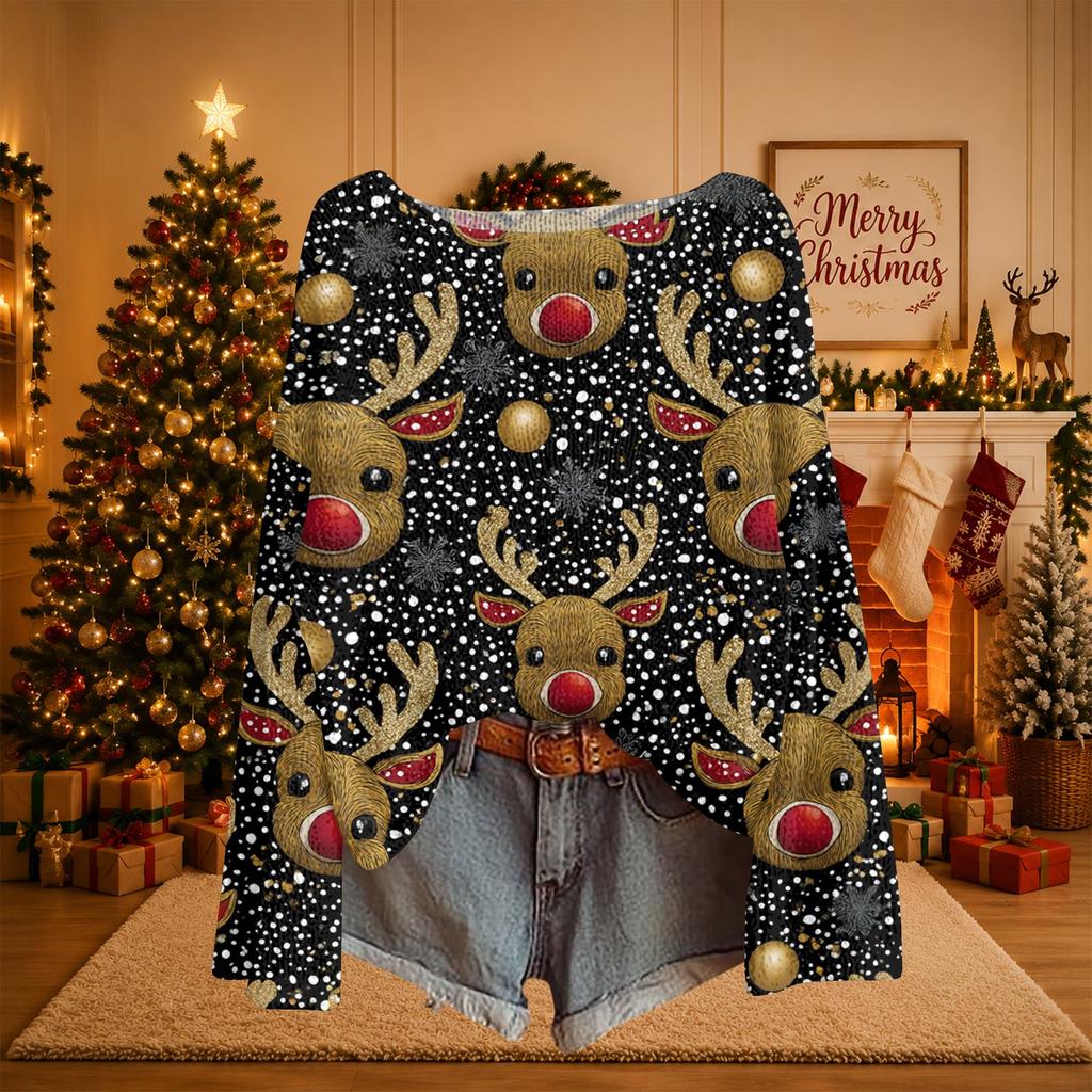 Women's Christmas Print Lightweight Knit Sweater Long Sleeve Casual Pullover Top